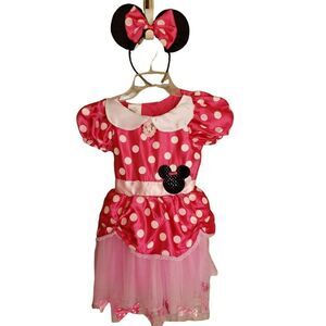 Disney Minnie Mouse Pink Polka Dot Dress & Ears Headband Costume 4-6X